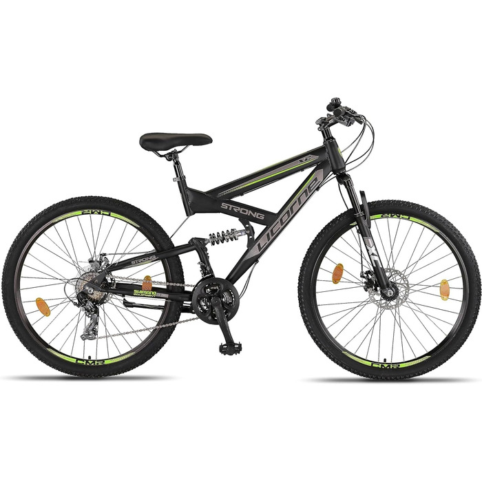Гірський велосипед Licorne Bike Strong 2D Premium 27,5 дюймів, для хлопців, дівчат, жінок і чоловіків, з дисковими гальмами, 21 швидкість, повна амортизація, чорний/лайм