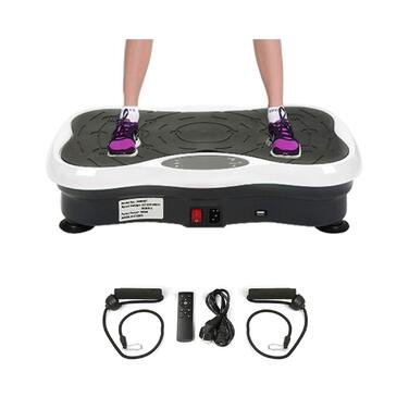 Віброплатформа для фітнесу з Bluetooth та USB, тренувальні гуми, пульт ДУ, чорно-біла