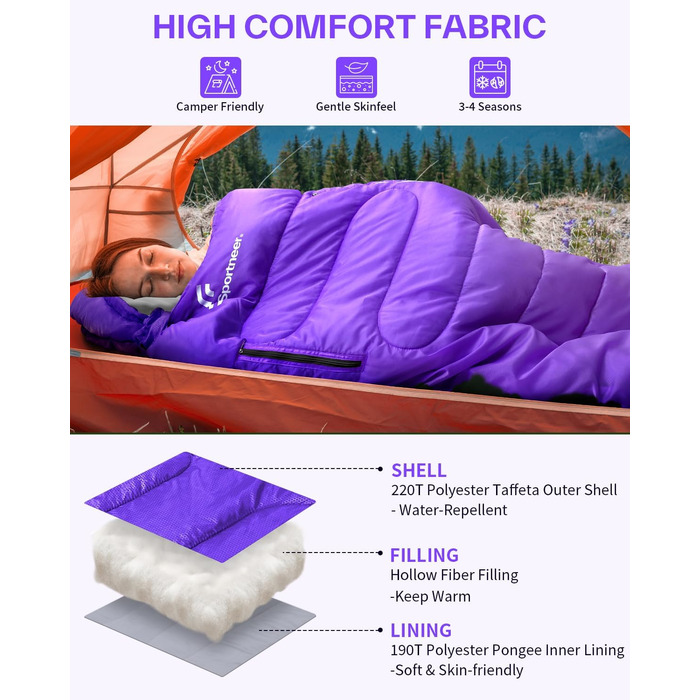 Спальний мішок Sportneer Outdoor - ковдровий, 3-4 сезони, для дорослих, фіолетовий (200x85 см)