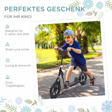 Дитячий самокат HOMCOM Kickscooter 12 дюймів із заднім гальмом, регульований по висоті самокат чорного кольору, міцна сталь та EVA, ідеально підходить для дітей