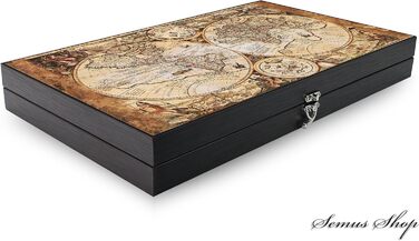 Набір для гри в нарди Trendy Antique Map XXL з картографічним дизайном, розкладне поле з екошкіри, 49 x 30 x 6 см, з 30 шашками та 2 кубиках – турецька якість