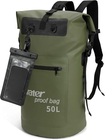 Водонепроникний рюкзак WELDUN 50L Rolltop Dry Bag з IPX8 чохлом для телефону, для каякінгу, кемпінгу, трекінгу, подорожей та водних видів спорту (Зелений, 50L)
