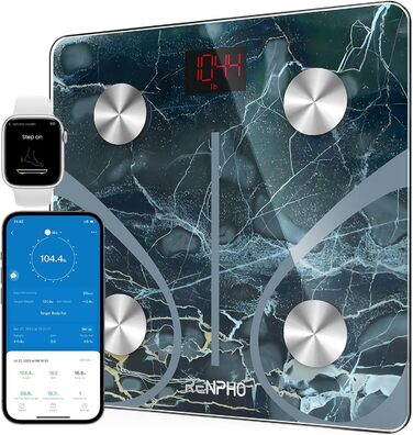 Цифрова ваги RENPHO для визначення жиру, BMI, м'язової маси, білка, BMR, з Bluetooth, додатком, мармурова поверхня, Elis 1, 280 мм