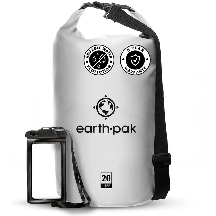 Earth Pak Packsack 55L: Водонепроникний рюкзак з водонепроникним чохлом для телефону – ідеальний для каякінгу, піших прогулянок, кемпінгу, риболовлі, катання на човні та рафтингу (білий)