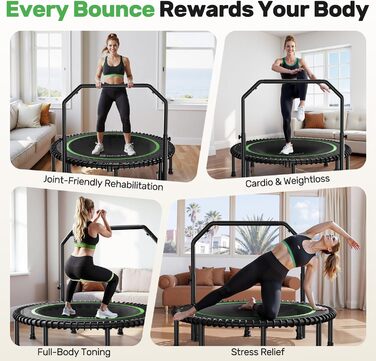 Трамплін для дорослих BCAN Rebounder 122 см, до 250 кг, з регульованою ручкою, для дому та вулиці, тренування всього тіла, зелений