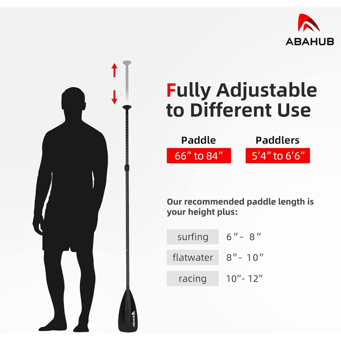 Весло для SUP і каяка Abahub 4-в-1, карбонове, регульоване, легке, чорне/синє/зелене/сіре/помаранчеве/червоне, пластикове лопато