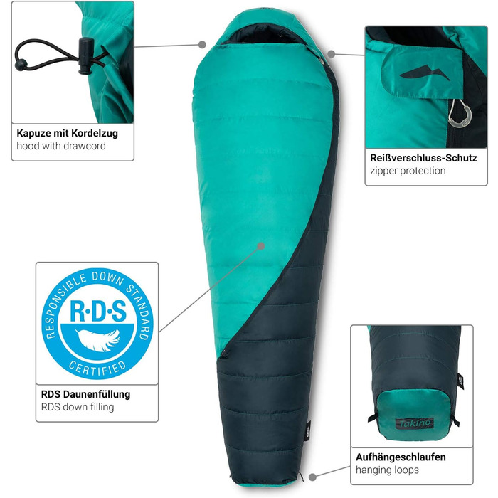 Сплячий мішок Qeedo Fluffy 0 Daunen - 4 сезони, температура комфорту 0°C, RDS-сертифікований, для кемпінгу, трекінгу, туризму (Турквіс, M)