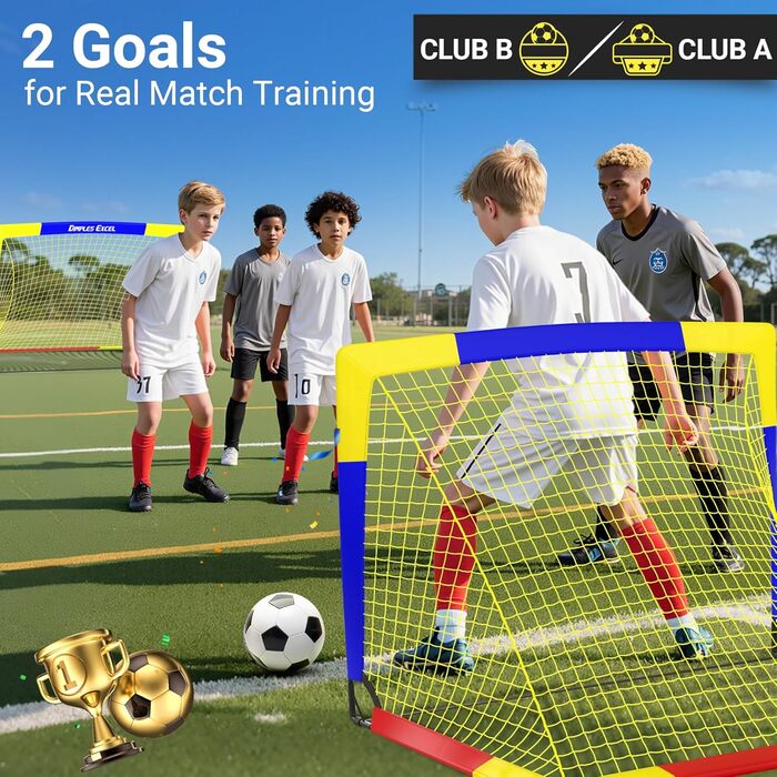 Ворота для футболу Dimples Excel Pop-Up – розкладні для дітей | Набір 1 або 2 шт. | Розміри 120x90 / 152x110 / 213x152 см | 3 кольори | З м'ячем, насосом, конусами та мішенню | Для саду та подарунка (2-120x90 блакитний+аксесуари)