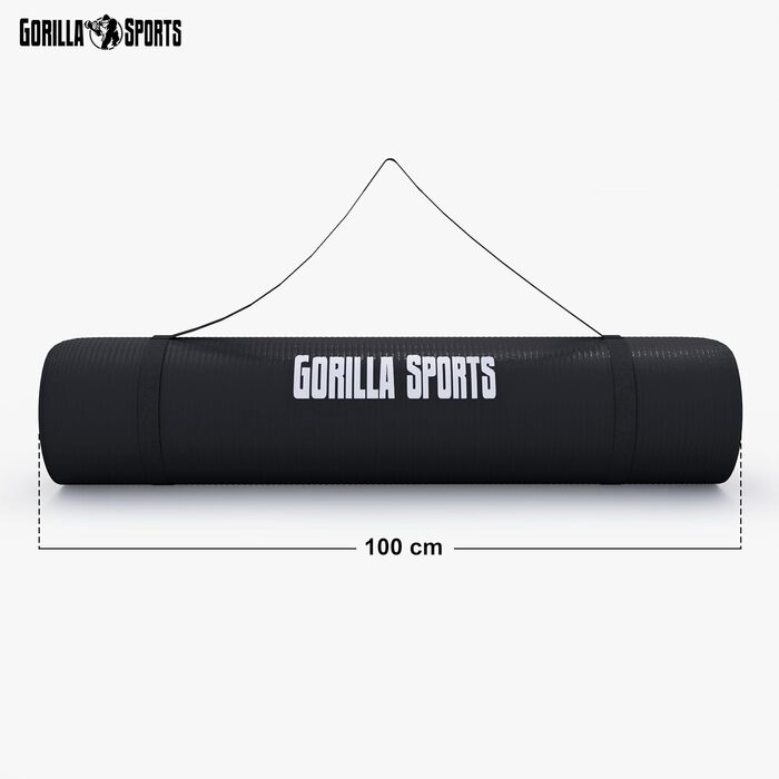 Йога мат GORILLA SPORTS® 190x100x1,5 см з ручним ременем, не містить фталатів, антиковзаюча, чорна. Підходить для фітнесу, гімнастики та тренувань