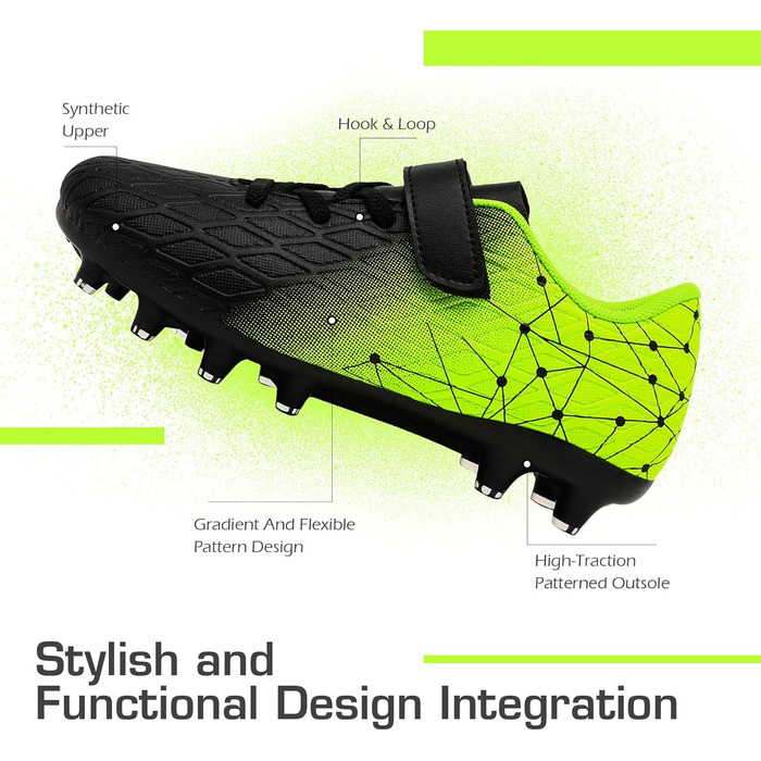 Дитячі футбольні бутси DimaiGlobal з шипами для хлопчиків та дівчаток. Зальні футбольні бутси для штучного покриття, бутси для міні-футболу, професійні тренувальні бутси (32 EU, чорний/зелений)