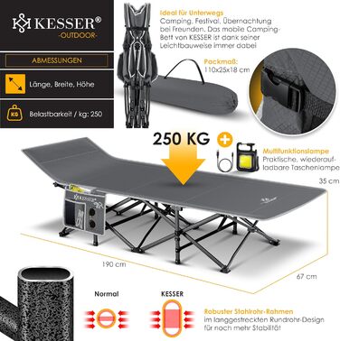 Кемпінгове ліжко KESSER®: стабільне розкладне ліжко для кемпінгу з сумкою, ліхтарем та бічною кишенею. Максимальне навантаження 250 кг, метал, оксфорд 600D, 190 см