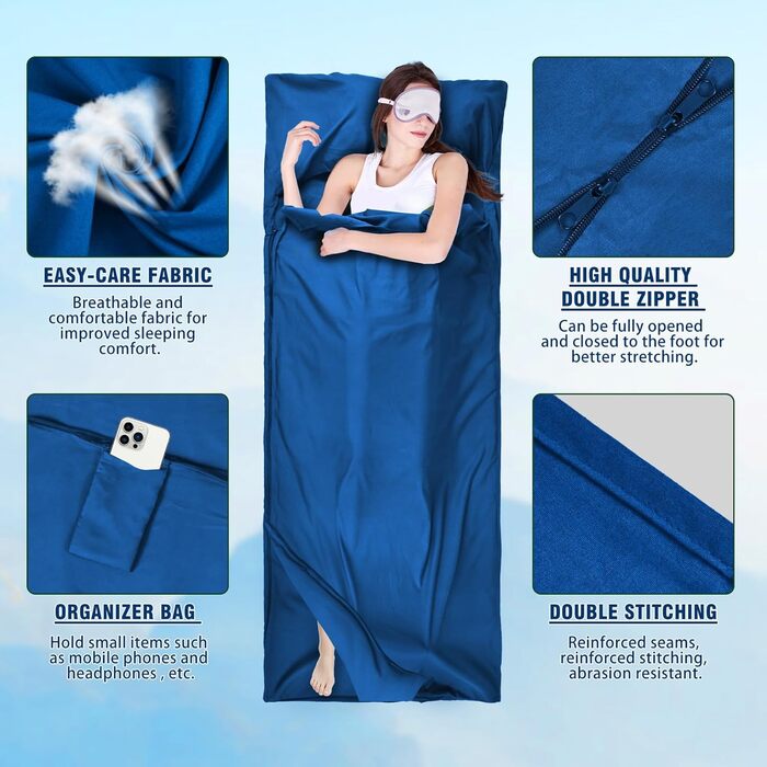 Спальний мішок туристичний бавовна, ультралегкий, з двосторонньою блискавкою, для кемпінгу та походів (синій)