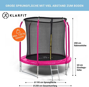 Батут Klarfit Jumpstarter - дитячий, 250 см, рожевий. З перилками, сіткою та сходами. Для активних ігор та фітнесу на вулиці. Підходить для дітей 5-9 років.