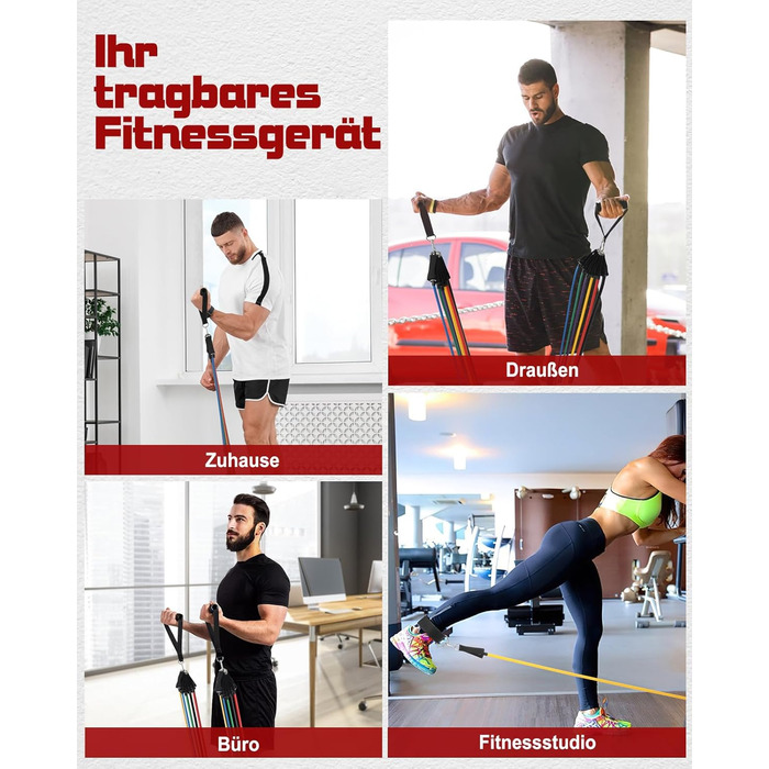 Набір еспандерів Fitense для фітнесу, 6 багатофункціональних гумових стрічок з ручками, ремінцями для щиколоток і дверним якорем, для силових тренувань, нарощування м'язів, пілатесу, для чоловіків і жінок, багатобарвний