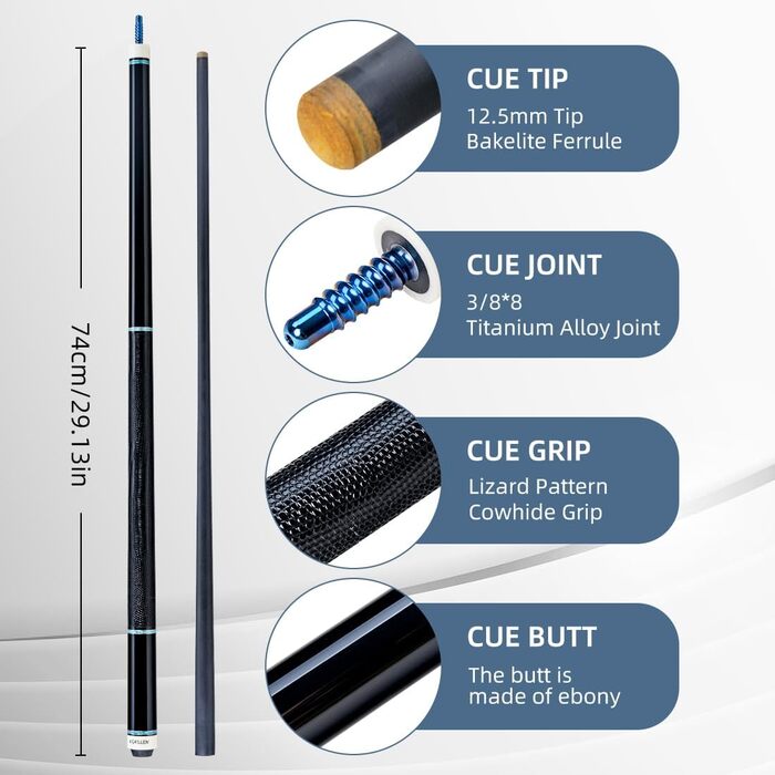 KONLLEN Billardqueue з карбону, 58 дюймів: професійний бик для дорослих, повна карбонова технологія, низький опір, наконечник 12.5 мм (Pro Taper, ультрагладкий) (AK75-13F)