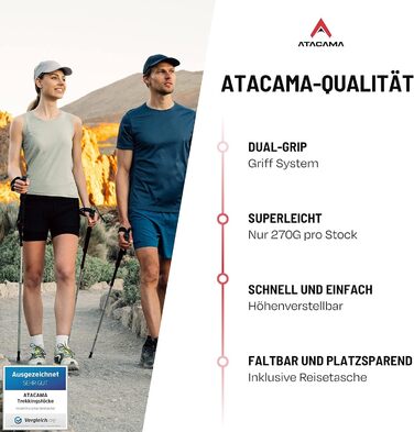 Телескопічні палиці для скандинавської ходьби та трекінгу ATACAMA, карбон та алюміній, з корковими ручками, складні, 270 г