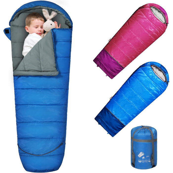 Спальний мішок REDCAMP для дітей, 175x65 см, блакитний/рожевий, 3-сезонний, для кемпінгу та відпочинку на природі
