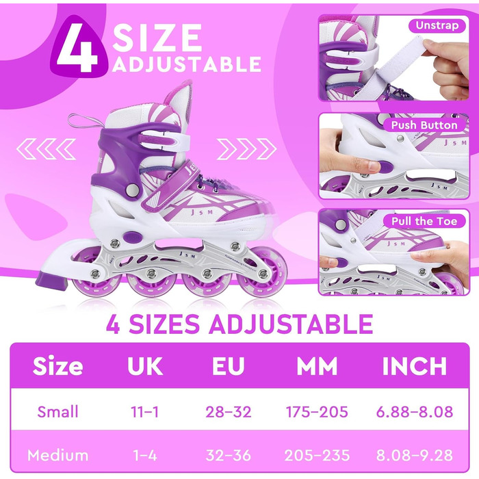 Дитячі ролики для дівчаток, регульовані, ролики-інлайни, ролики для дітей, для занять в приміщенні та на вулиці, розмір M (EU32-36), фіолетовий
