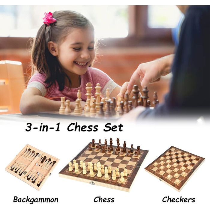 Дерев'яний шаховий набір 3 в 1, складаний, міжнародні шахи, для подорожей, вечірок, сім'ї, дітей та дорослих, 39x39 см