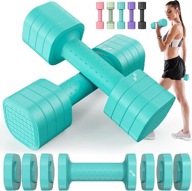 Sportneer Регульовані гантелі для жінок - набір з 2 гантелей (0,9–2,3 кг кожна), 4-в-1 набір гантелей з неслизьким ТПУ-покриттям, набір гантелей для домашнього спортзалу, фітнесу та силових тренувань (Блакитний)