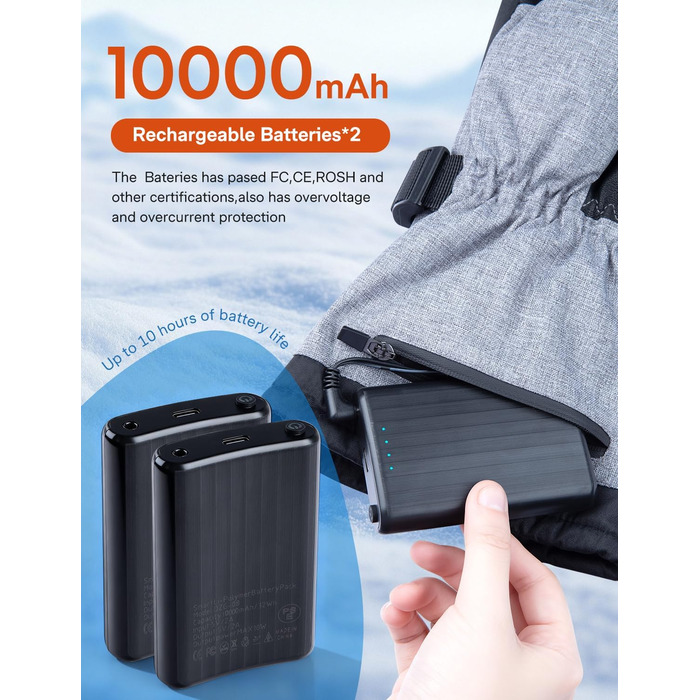 Електричні гріючі рукавички ALLJOY 10000mAh з 3 рівнями нагріву для чоловіків, жінок, мотоциклістів, катання на лижах та роботи на вулиці