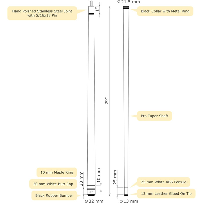 Більярдний кий ASKA L3 No Wrap, 58 дюймів, канадський клен, наконечник 13 мм, сталевий шок, 19 унцій, Schwarz