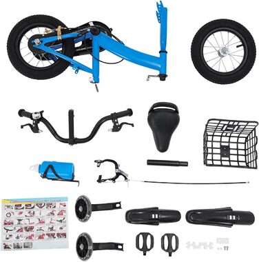 Дитяче велосипед 12 дюймів, регульована висота, для дітей 2-5 років, з додатковими колесами, кошиком та пляшкою, блакитний велосипед для дівчаток та хлопчиків