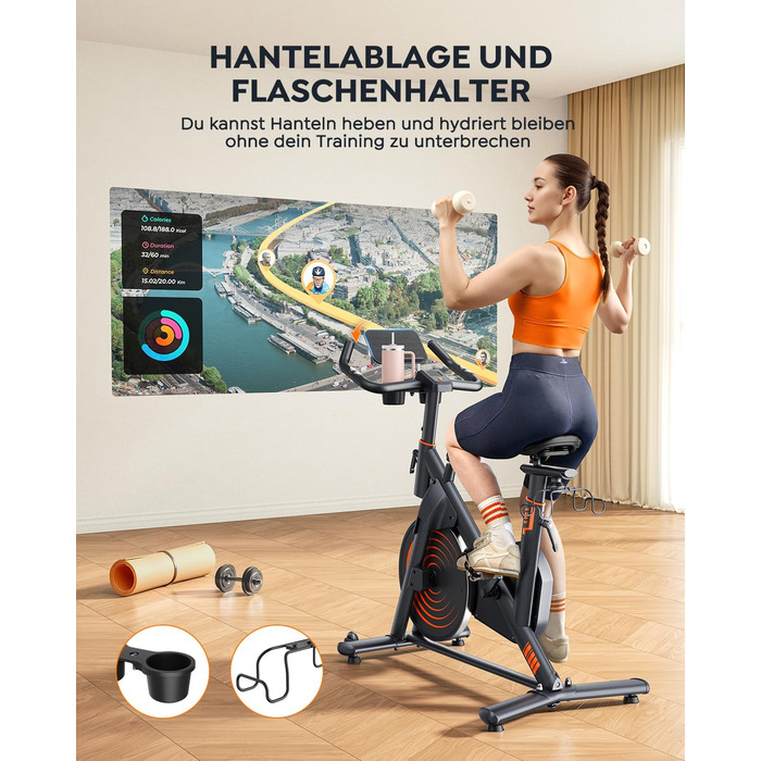 Велотренажер Hometrainer: тихий, ергономічний, з пульсометром та підтримкою для пляшки та гантелей, 160 кг, помаранчевий