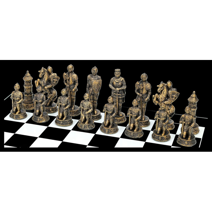 Шахи середньовічні лицарі Золото vs Срібло - набір шахів з скляною шахівницею та фігурами