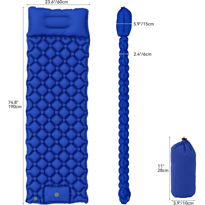 Килимок для кемпінгу YITAHOME на 2 особи, самонадувний, 195x120 см, ультралегкий, з вбудованим насосом та подушками, для подорожей (темно-сірий) (синій Yy)