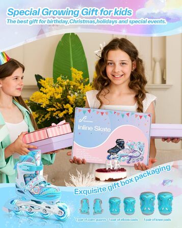 Дитячі ролики Inliner Sportneer, 30-41 розмір, комплект з 6 захисниками, LED, блакитний, для дівчаток та жінок