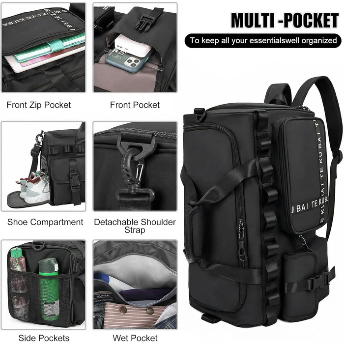 Спортивна сумка для подорожей 65Л для жінок та чоловіків, містка дорожня сумка з відділенням для взуття та вологих речей, сумка для залу та плавання (Чорна)