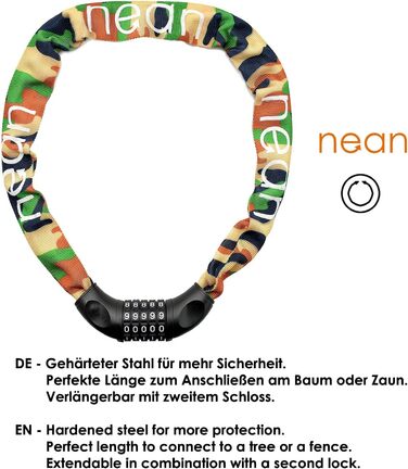 Надійне велозамкне Nean з кодовим замком та високим рівнем захисту, стале ланцюгове замкне, 6 мм x 900 мм (Камуфляж)