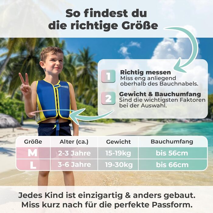KIDVERSE Schwiweste Kinder: Плаваючий жилет для дітей від 2 років - сертифікований TÜV, перевірений Testsieger, з регульованою плавучістю, CE-сертифікований, з м'якого неопрену (блакитно-жовтий, M)