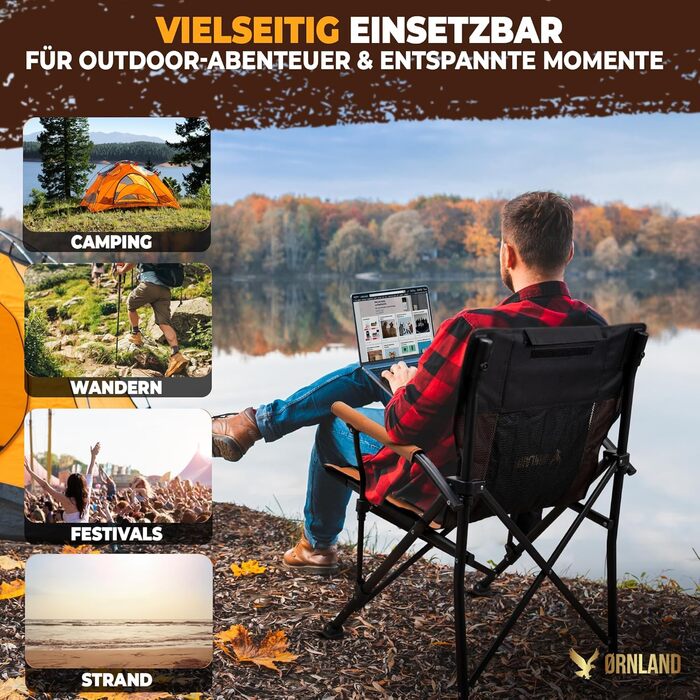 Складний туристичний стілець Ørnland для кемпінгу, риболовлі та пляжу - чорний/коричневий, до 150 кг, з кишенькою та підстаканником