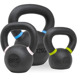 Гиря Strength Shop із чавуну з ергономічною ручкою, набір 4 кг + 8 кг + 12 кг, надміцна, із кольоровим маркуванням ваги та чорним порошковим покриттям, для функціонального тренування всього тіла