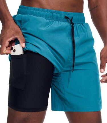 Чоловічі спортивні шорти для бігу 2-в-1, швидка сушка, короткі шорти для бігу, гімнастики, активного відпочинку, марафону, тренувань з кишенею на блискавці (S, Павіно-блакитний)