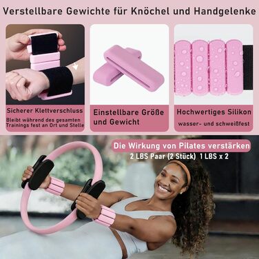 Pilates-кільце з набором для домашніх тренувань: Magic Circle 35 см, утяжелители для щиколоток та зап'ясть, гумові стрічки, для початківців, рожевий колір