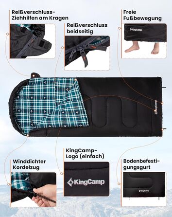 Спальний мішок KingCamp Flannel для дорослих, 3-4 сезони, ультралегкий, бавовна, теплий, ковдровий, водонепроникний, для кемпінгу, чорний, L, блискавка