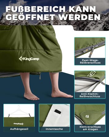 Сплячий мішок KingCamp для двох осіб, зимовий, для кемпінгу, оливковий