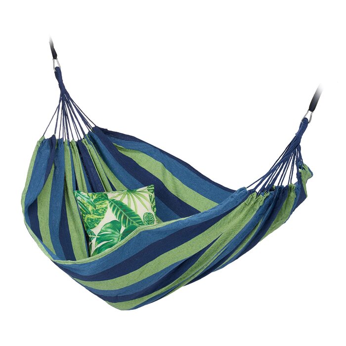 Гамак Relaxdays бавовняний 150x190 см, блакитно-зелений, до 300 кг, з комплектом кріплення, переносний