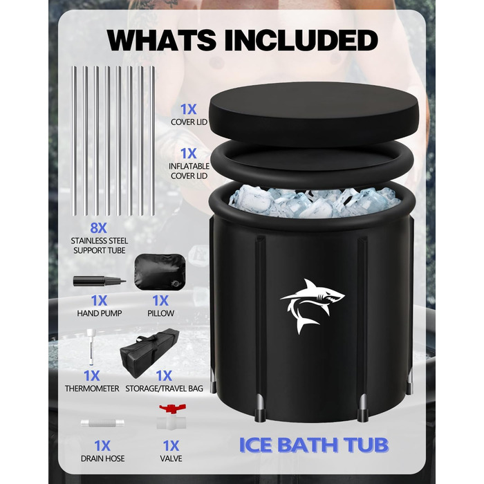 Тонна для криотерапії Eisbaden Lambluefly з системою охолодження (80 см Ø) XL, комплект з нержавіючої сталі, термометром, сумкою та захистом від сонця