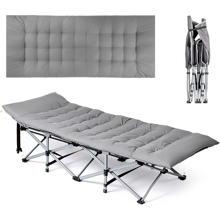 Розкладне ліжко Bonnlo для кемпінгу з матрацом – ліжко для риболовлі, відпочинку на природі, у саду, на пляжі, 190×71x36 см, сірий