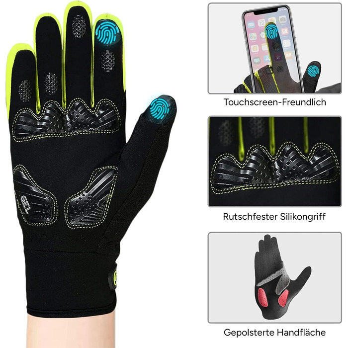 Рукавички для їзди на велосипеді FDX Winter з повним пальцем, дихаючі, водонепроникні, вітронепроникні, з гелевою підкладкою, сумісні з сенсорними екранами, неслизькі, теплі – ідеальні для MTB, шосе, велосипеда та бігу. Чорний/Білий (Чорний/Жовтий, XXL)