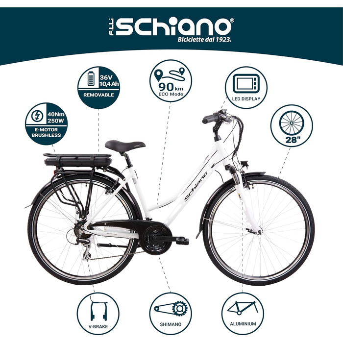 Електровелосипед F.lli Schiano E-Ride 28'' для трекінгу, знімний акумулятор 36В 10.4А·год, мотор 250Вт 40Нм, для чоловіків і жінок, білий
