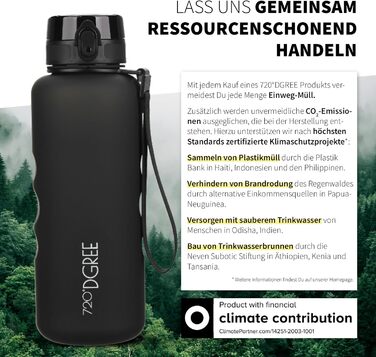 Спортивна пляшка для води 1,5 л 720°DGREE 'uberBottle' з петлею та мотиваційною шкалою, фільтром - не протікає, легка, без BPA - Tritan пляшка для університету, роботи, спорту, фітнесу, тренажерного залу 1500 мл Onyx Black - Чорний