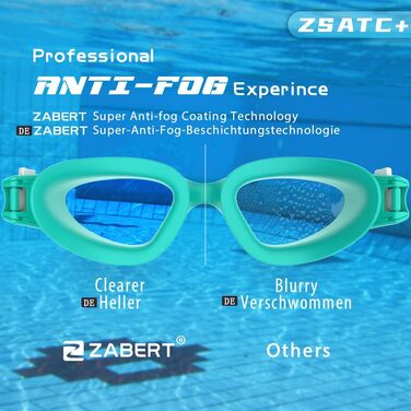 ZABERT W1 Плавальні окуляри для дорослих, антифог, UV-захист, водонепроникні, для чоловіків і жінок, підлітків, синьо-зелені з прозорими лінзами