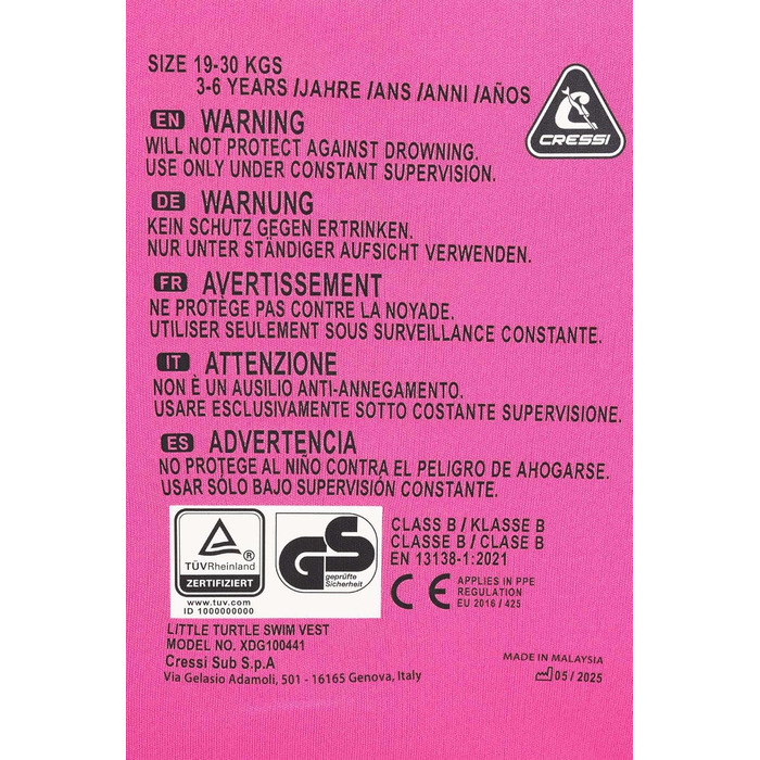 Спасальний жилет CRESSI Little Turtle для дітей з неопрену, фіолетово-рожевий, розмір S (2-3 роки)