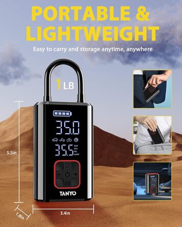 Електричний акумуляторний компресор TANYO 150PSI для авто, велосипедів, мотоциклів і м'ячів, з цифровим манометром і LED підсвічуванням, портативний насос 12В