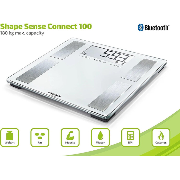 Ваги для аналізу складу тіла Soehnle Shape Sense Connect 100 з Bluetooth, персональні ваги з додатком, BIA-аналіз, великий LCD-дисплей